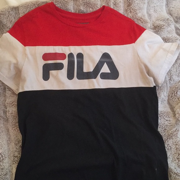red black and white fila shirt